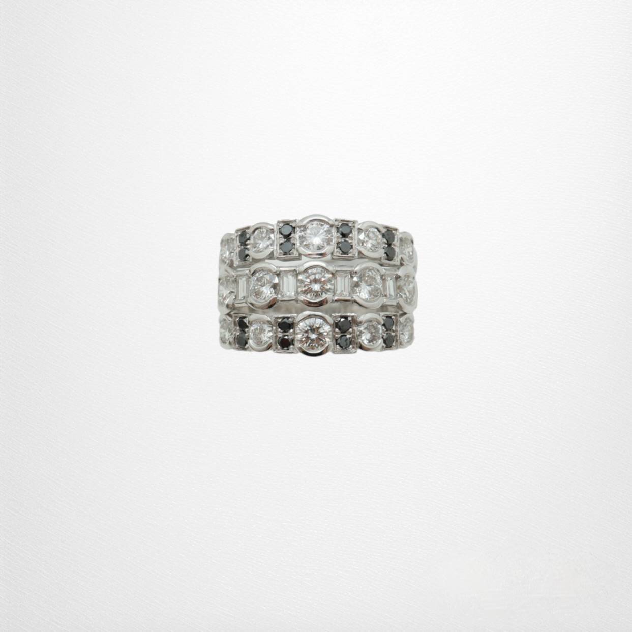 Bague or gris large 3 corps diamants noirs et blancs