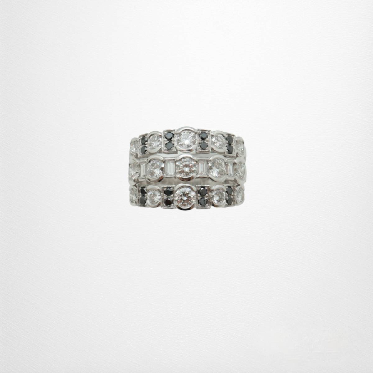 Bague or gris large 3 corps diamants noirs et blancs